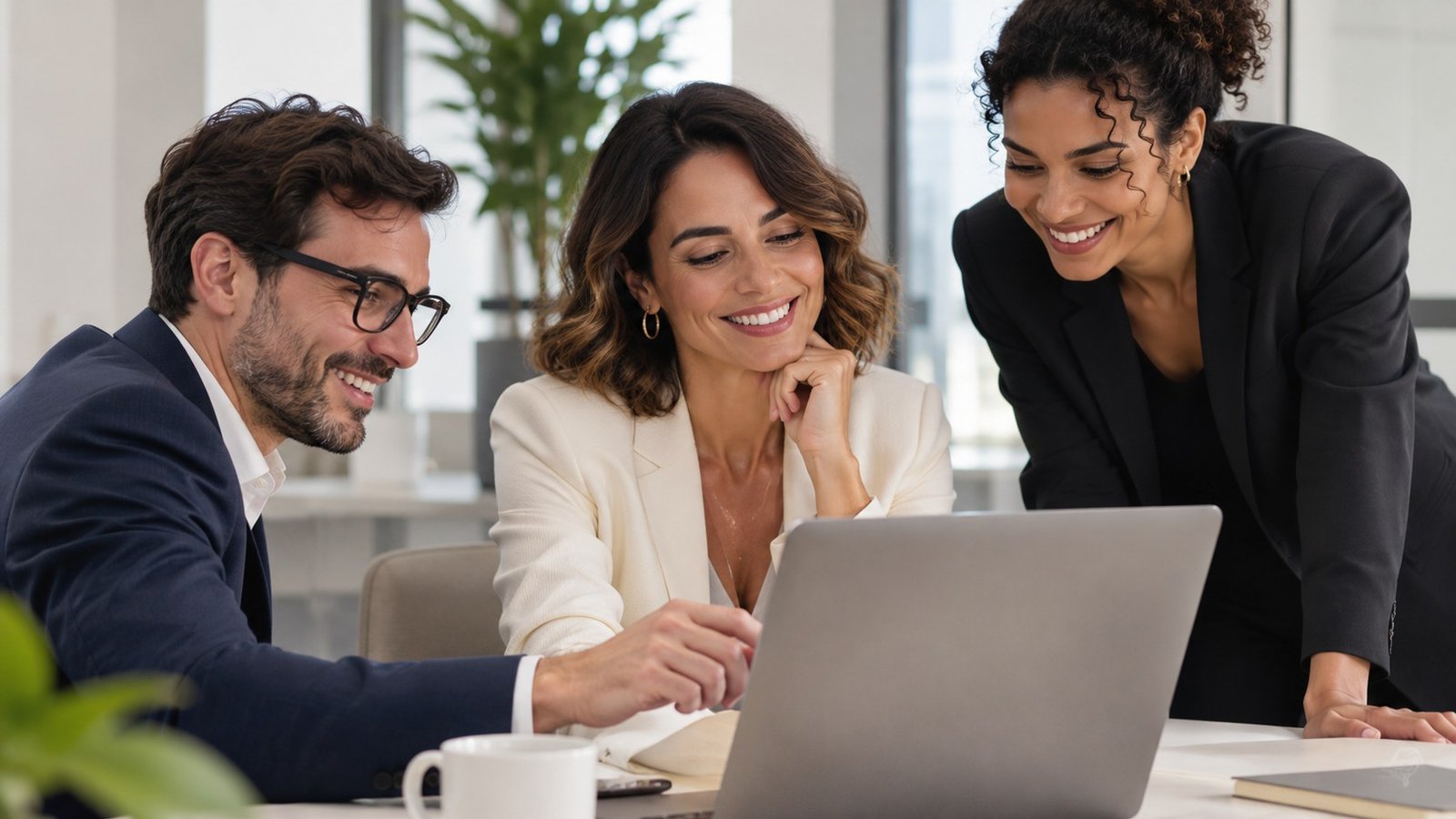 Profissionais colaborando com um laptop